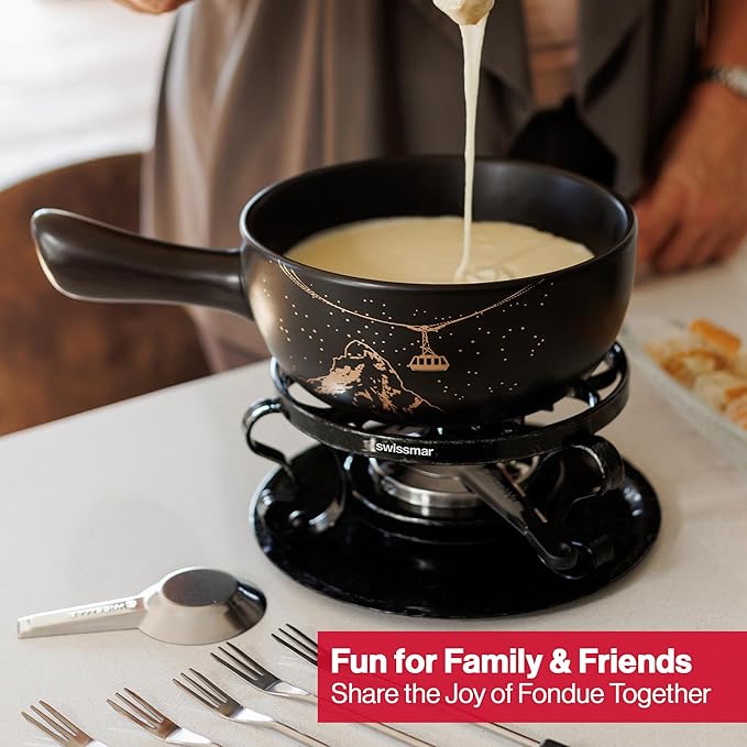 Swissmar Gruyere Cheese Fondue Set - 2.8 QT / 2.65 L - Ceramic Fondue Pot with Rechaud, Fondue Burner, 6 Forks - Ideal for Melting Cheese, Chocolate & Caramel - Black