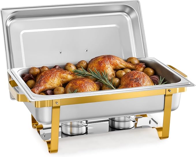 WILPREP Chafing Dish for Buffet, 9 qt Chafer and Buffet Warmer Set with Full Size Food Pan & Foldable Frame, Food Grade Stainless Steel Food Warmer for Parties Buffets Banquets Dinners, Gold & Silver