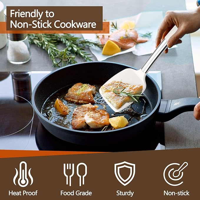 P&P CHEF White Kitchen Cooking Utensil Set of 4, Silicone Solid Spatulas Slotted Spoons Turners for Non-stick Cookware Flipping Mixing, Heat-proof