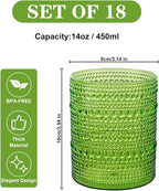 18PCS Hobnail Plastic Drinking Glasses - 14Oz Beaded Glasses Drinkware Set Disposable - Green Vintage Plastic Bubble Glassware for Beer, Juice, Cocktail, Whiskey, Milk and Various Mixed Drinks