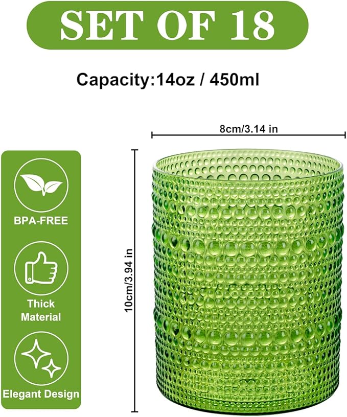 18PCS Hobnail Plastic Drinking Glasses - 14Oz Beaded Glasses Drinkware Set Disposable - Green Vintage Plastic Bubble Glassware for Beer, Juice, Cocktail, Whiskey, Milk and Various Mixed Drinks