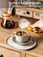 Gomakren 6 Ounce Cappuccino Cups with Saucers and Metal Stand, Stackable Coffee Cup Set of 4, Halloween Porcelain Espresso Cups for Coffee Drinks, Cappuccino, Latte, Americano, Tea, Gray