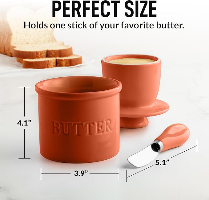 Zulay Kitchen Porcelain Butter Crock With Lid & Knife - Authentic French Butter Dish For Fresh & Spreadable Butter - Terracotta
