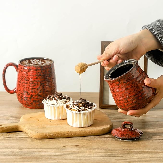 Hasense 12-Ounce Honey Jar with Lid and Wooden Dipper, Ceramic Honey-Dipper Stick and Jar Set, Red Small Honey-Container for Holiday Gift, Dishwasher Safe