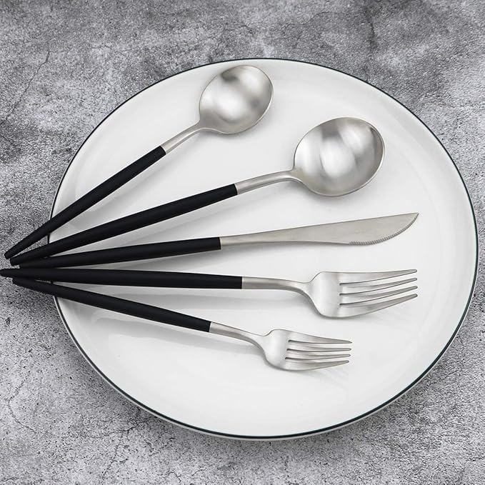Gugrida 20-Piece 18/10 Stainless Steel Flatware Silverware, Luxury Dinnerware Set Travel Cutlery Tableware Include Knife Fork Spoon Service for 4, Dishwasher Safe (Black Handle Matte Silver)
