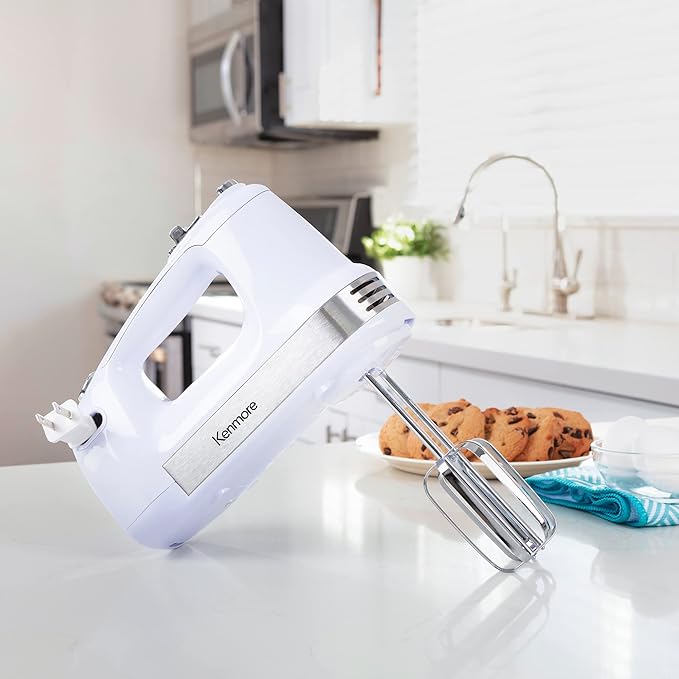 Kenmore Electric Hand Mixer - Case Batidora De Mano Kitchen 5 Speed Handheld Blender With Whisk, Beater, Dough Hook, Attachments Storage, Turbo Boost, Appliance For Cake Mix, Eggs, Whipping Cream