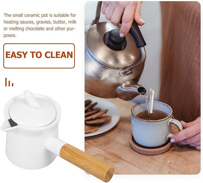 BESTonZON Ceramic Milk Warmer Pot 350ml Enamel Pan Non-stick Saucepan With Lid Porcelain Coffee Pot Food Bowl Butter Warmer With Wooden Handle for Heating Liquid Appetizer