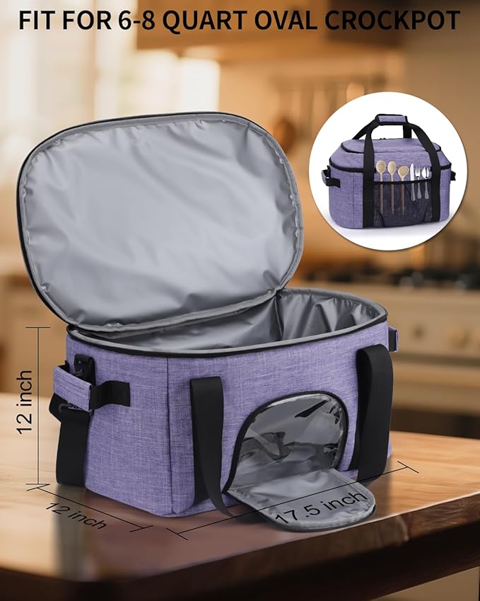 Double-Layer Slow Cooker Carrying Bag for 6-8 Quart CrockPot and Hamlton Beach,Portable Carrier Case with See-Through Window,Travel Bag with Lid Fastener for Family Gathering,Purple
