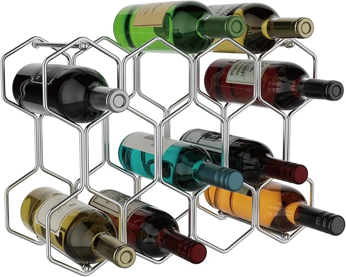 Buruis Countertop Wine Rack, 14-Bottle Modern Freestanding Metal Holder for Red and White Wine, Tabletop, Kitchen, Bar, and Cabinet Storage (Chrome)