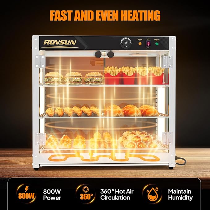 ROVSUN 3-Tier Commercial Food Warmer, 27" Pizza Warmer Food Warmer Display with LED Adjustable Lighting Glass Door Removable Shelves, Countertop Electric Food Warmer for Buffet Restaurant 110V 800W