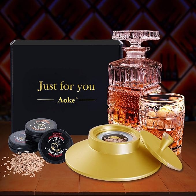 Cocktail Smoker Kit, AOKE Golden Metallic Whiskey Smoker Kit with 4 Flavors Wood Chips for Whiskey and Bourbon, Old Fashioned Smoker kit for Enhancing Drink Flavors, Whiskey Gifts for Men (no Torch)