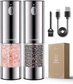 Upgraded Larger Capacity Electric Salt and Pepper Grinder Set Rechargeable with LED lights, Stainless Steel Automatic Pepper and Salt Grinder Refillable with 5 Adjustable Coarseness