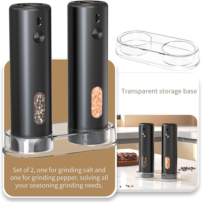 Electric Salt and Pepper Grinder Set Automatic Pepper Mill Shakers Adjustable Coarseness Easy Filling Upgraded USB Rechargeable Electric Spice Mill Set with Led (2 Pack Black/Black）