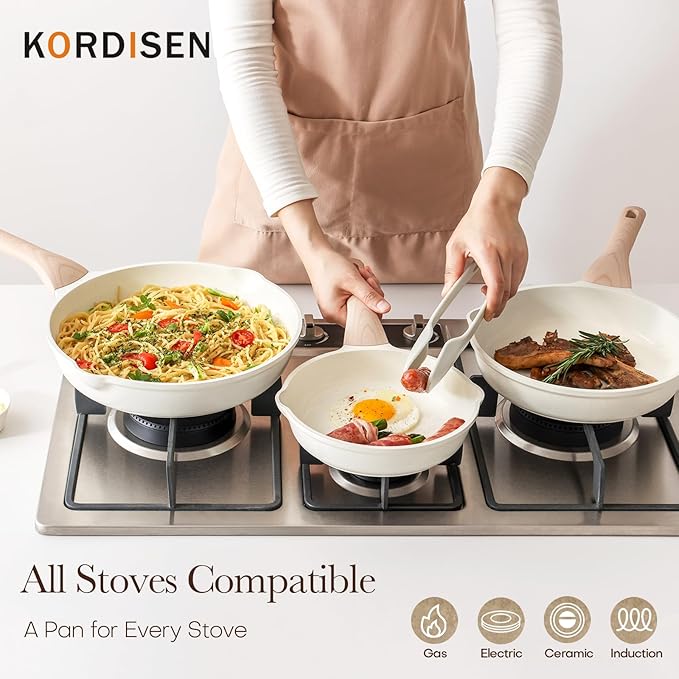 Kordisen Nonstick Ceramic Frying Pan Set, 3 Piece Ceramic Skillet Set, Healthy Non Toxic Cooking Pan, Stay-Cool Handle, Induction Compatible, PFOA & PFAS Free, White(9.5, 11, 12.5 Inch)