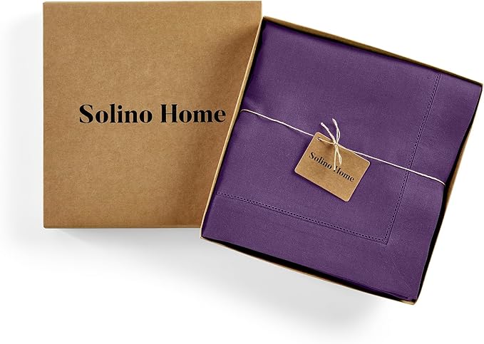 Solino Home Linen Tablecloth for Rectangle Tables 60 x 90 Inch - Classic Hemstitch 100% Pure Linen Purple Table Cloth - Machine Washable Cloth Tablecloth for Summer, Fall, Autumn, Halloween