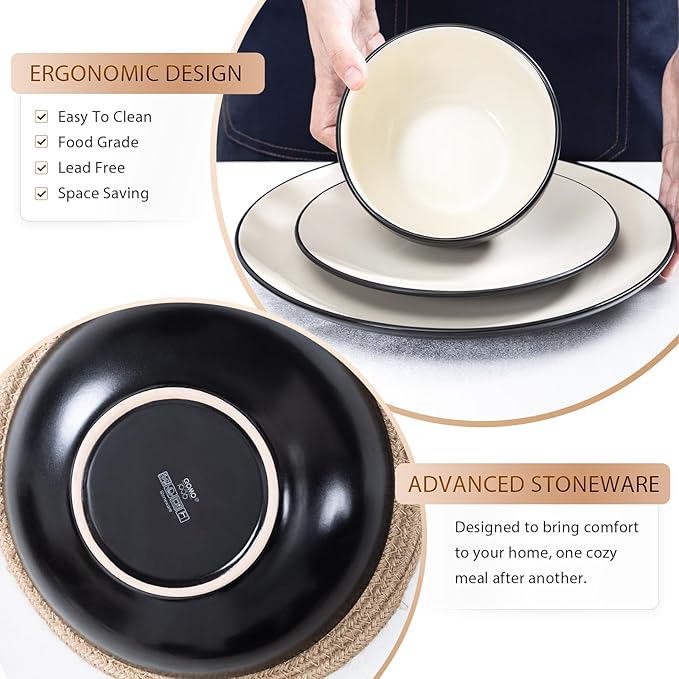 Plates and Bowls Sets for 4 - CJDC-QUELO 12-Piece Stoneware Dinnerware Sets, Ceramic Dishware Set for Indoor Kitchen Use and Formal Dining, Chip and Scratch Resistant Microwave Dishwasher Safe, Ivory