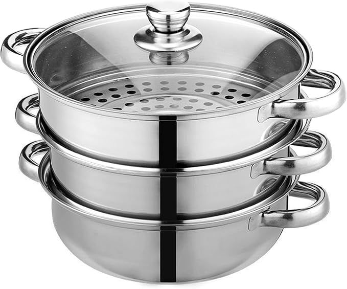 Steamer Pot for Cooking 11 inch Stainless Steel, 3-tier Multipurpose 18/8 Stainless Steel Steam Pot Cookware with Lid for Vegetable, Dumpling, Stock, Sauce, Food