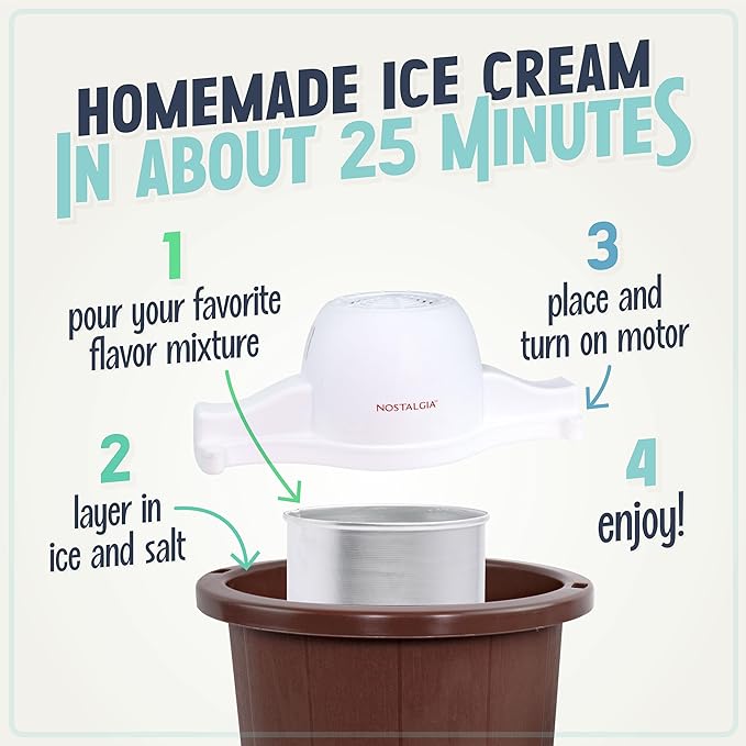 Nostalgia Electric Ice Cream Maker – Parlor Style, Old Fashioned Soft Serve Ice Cream Machine Makes Frozen Yogurt or Gelato in Minutes - Fun Kitchen Appliance – White & Dark Bown - 6 Quart