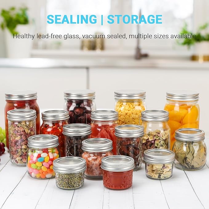 8 oz Glass Mason Jars, 24 Pack Regular Mouth Glass Canning Jars with Silver Aluminum Lids and Bands, Airtight Jam Jars for Food Storage, Pickling, Fermenting, Honey, Jelly, DIY Candles Decor