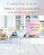 Sisterly Drinkware Iridescent Hammered Martini Glasses Set of 2 – Handmade Gold Rim Cocktail Glasses with 2 Gold-Plated Picks & 2 Coasters – 8 oz Elegant Barware for Martinis, Cocktails & Mocktails
