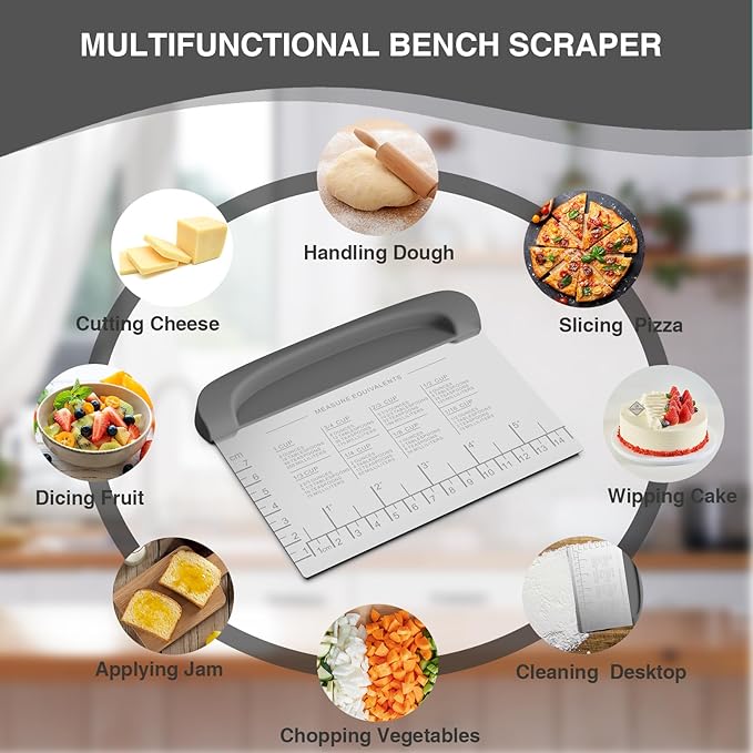Bench Scraper Dough Cutter Tool - Pastry Scraper for Bread Cake Pizza, Bench Knife Kitchen Dough Scraper for Baking, Stainless Steel Food Scraper with Grip Handles & Measuring Scale, Grey