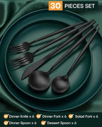 EUIRIO 30-Piece Silverware Set for 6, Stainless Steel Flatware Set Matte Black Grey, Modern Brushed Thick Cutlery Set with Spoons Forks and Knives, Utensil Sets for Home Kitchen Hotel, Dishwasher Safe