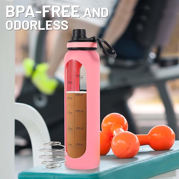 Glass Shaker Bottle 34oz/1L Pink Glass Protein Shaker Bottle With Shaker Ball Large Shaker Bottles for Protein Mixes Portable Powder Mixer Blender Water Bottle for Gym Workout Sports