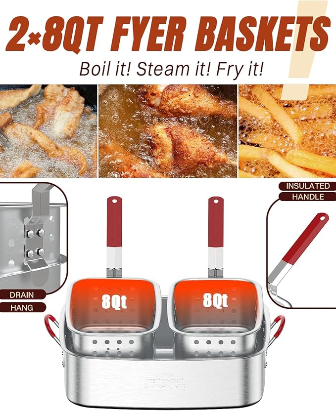 Deep Fryer Pot 18QT | Fish Fryer Pot with 2*9QT Baskets | Heat-Resistant Silicone Handles | Lid & Fryer Tong & Thermometer | Outdoor Fryer Pot for Frying Fish, French Fries, Chicken Wings | Aluminum