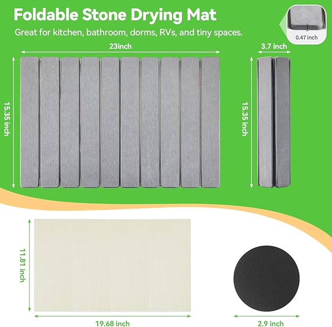 Large Stone Drying Mat for Kitchen Counter, Collapsible Quick Dry Stone Bath Mats for Bathroom, Ultra Absorbent Diatomaceous Earth Dish Mat for Dishes Cups Cookware Countertop, 23.23'' x 15.4'', Grey