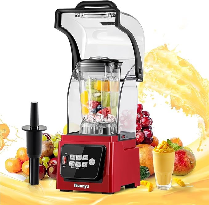 Huanyu Commercial Blender 2L 68OZ 2200W Quiet Professional Blenders with Sound Enclosure for Smoothies with Self-Cleaning Function Red