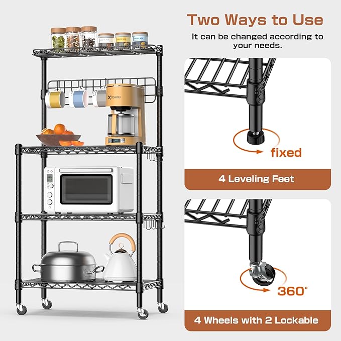 Leteuke Bakers Rack with Storage for Kitchen, NSF Certified 4-Tier Adjustable Coffee Cart Station with Wheels 10 S-Hooks Microwave Stand Kitchen Storage Shelf Metal Storage Rack 30 x 14 x 59 Inches, B