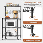 Leteuke Bakers Rack with Storage for Kitchen, NSF Certified 4-Tier Adjustable Coffee Cart Station with Wheels 10 S-Hooks Microwave Stand Kitchen Storage Shelf Metal Storage Rack 30 x 14 x 59 Inches, B