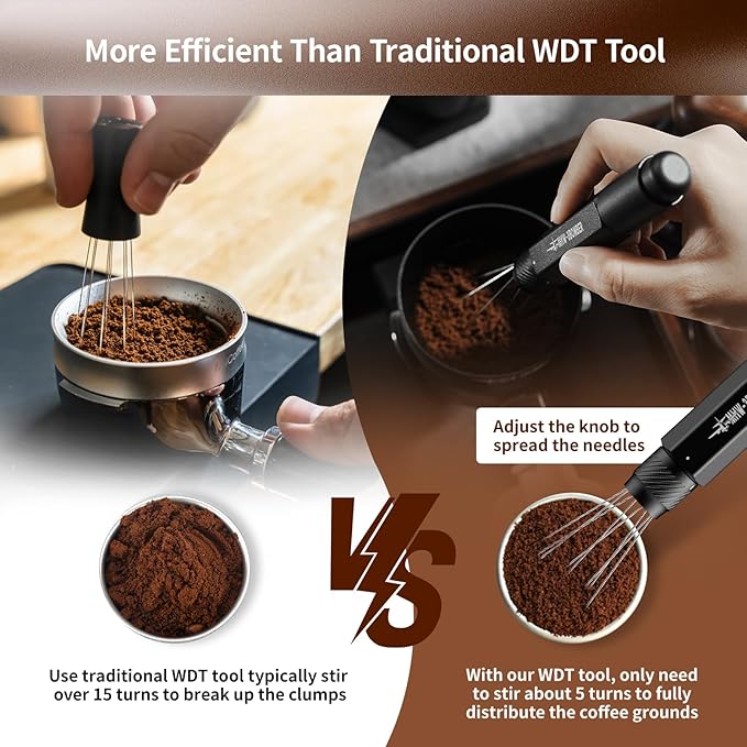 MHW-3BOMBER Retractable WDT Tool Espresso Distribution Tool with Magnetic Store, Adjustable Range Coffee Stirrer Tool for Barista, 0.4mm 8 Stainless Steel Needles with 8 Extra, Black, T6188B-OS