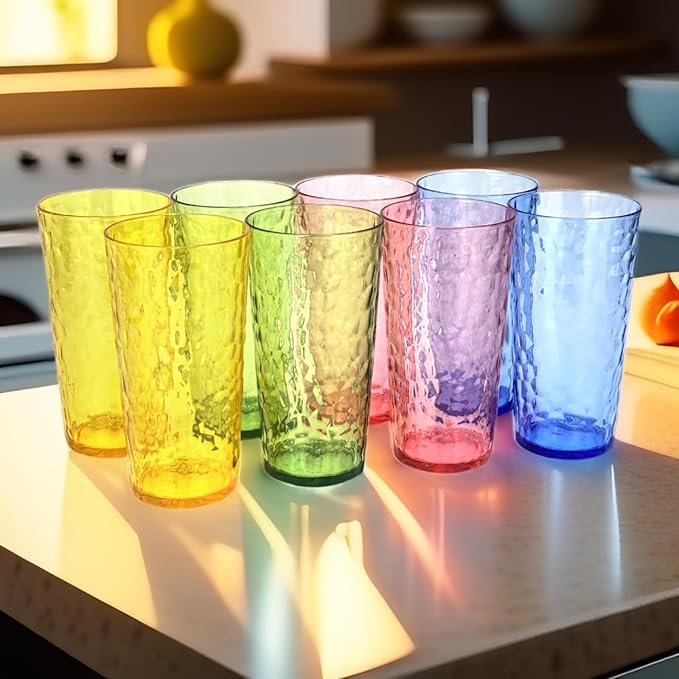 Yalin 24-Ounce Plastic Tumbler Acrylic Drinking Glasses, Reusable Plastic Cups, Stackable, BPA-Free, Shatter Proof, Dishwasher Safe, Set of 8 (Multicolor)