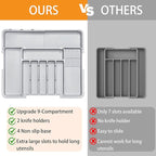 Silverware Drawer Organizer for Kitchen, Adjustable Utensil Drawer Organizer with 2 Knife Block, BPA Free Flatware and Cutlery Holder, Expandable Plastic Storage for Spoons Forks Knives(Grey)