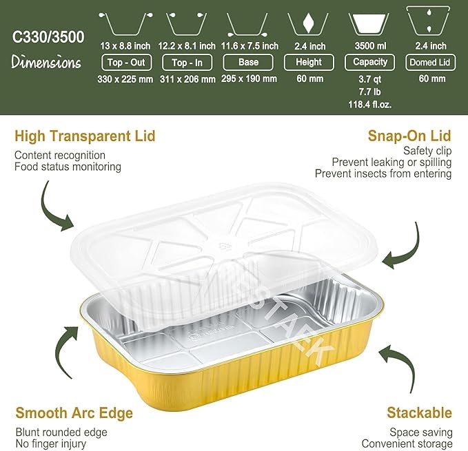 13"x 8.9" 7.5LB Sturdy Aluminum Foil Pans with Lids (50 Packs), 2X Thicker Heavy Duty for Dishwasher, Reusable Microwavable for Cooking, Baking, Reheating, Freezer, Oven, Recyclable