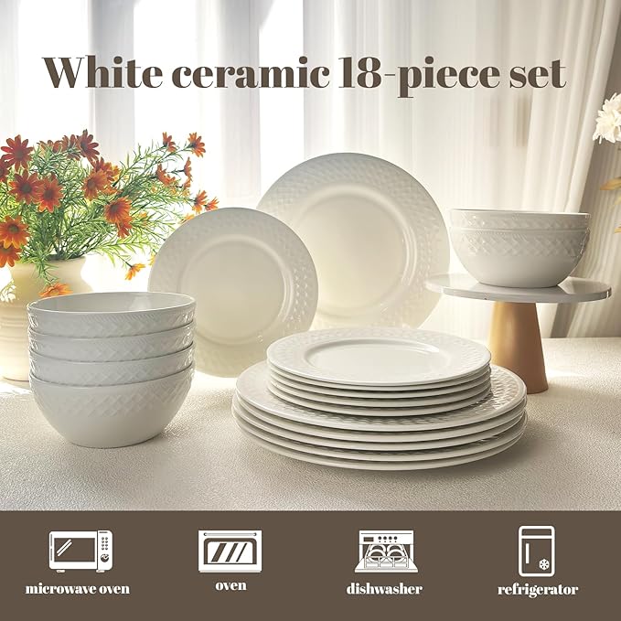 18-Piece Bone China Dinnerware Set for 6, White Porcelain Plates and Bowls with Textured Design, Lightweight Microwave Dishwasher Safe for Family Dining