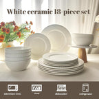 18-Piece Bone China Dinnerware Set for 6, White Porcelain Plates and Bowls with Textured Design, Lightweight Microwave Dishwasher Safe for Family Dining