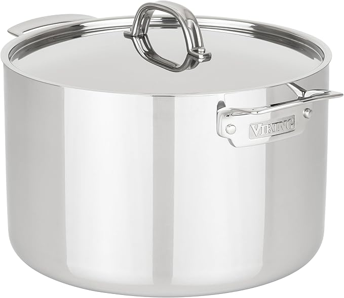 Viking 3-Ply Stainless Steel Stock Pot, 12 Quart Soup Cooking Pot with Lid, Kitchen Cookware, Dishwasher and Oven Safe, Induction Ready, Silver