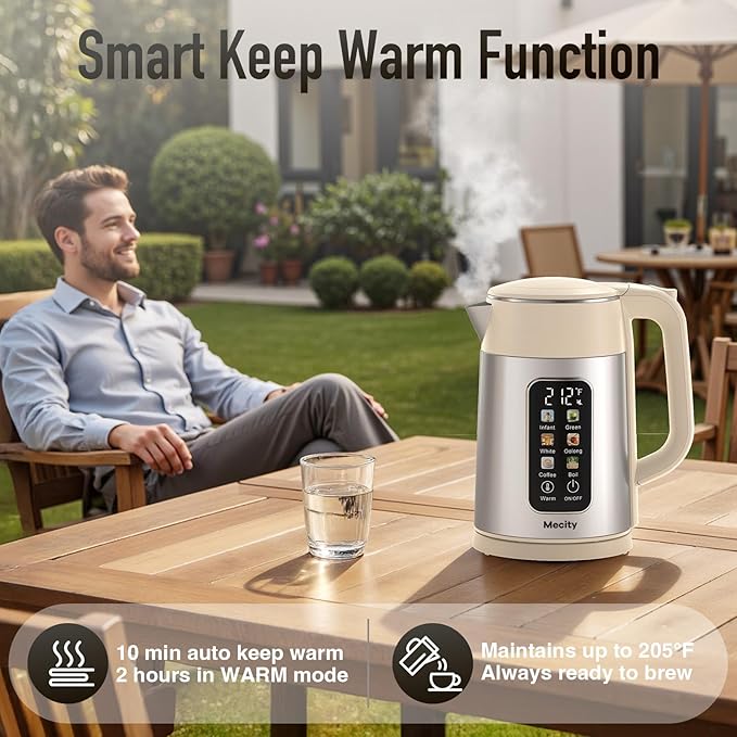 Mecity Electric Kettle 1.7L Touch Screen Temperature Control Water Boiler, No Plastic Contact with Water. 6 Preset Temperature Programs, 2 Hours Keep Warm, Stainless Steel
