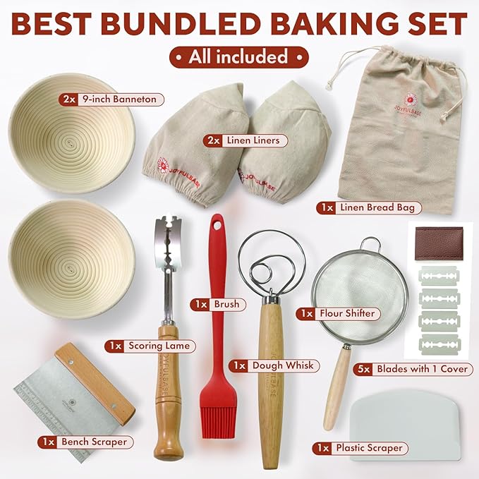Bread Proofing Basket- 9-Inch Round Banneton Set Of 2- Sourdough Bread Baking Supplies complete tools- Dough Proofing Basket for Fermentation- With Linen Bread Bag + 16 Included Accessories For A Gift