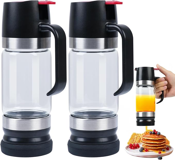 Honey Dispenser No Drip with Stand, 12 OZ Glass Honey Jar, Syrup Dispenser, Easy One Hand Use Honey Pot for Coffee or Tea, Mess Free Honey Dispenser for Syrup, Honey Container (2PCS Black)