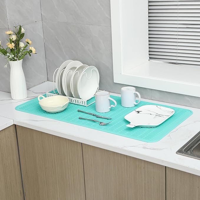 Silicone Dish Drying Mat for Multiple Usage,Easy clean,Eco-friendly,Heat-resistant Silicone Mat for Kitchen Counter or Sink,Refrigerator or Drawer Liner Mint 5XL 36inches x 18inches