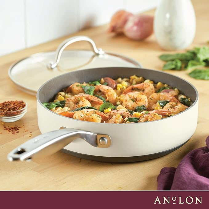 Anolon Achieve Hard Anodized Nonstick Sauté Pan with Lid, 3 Quart - Cream