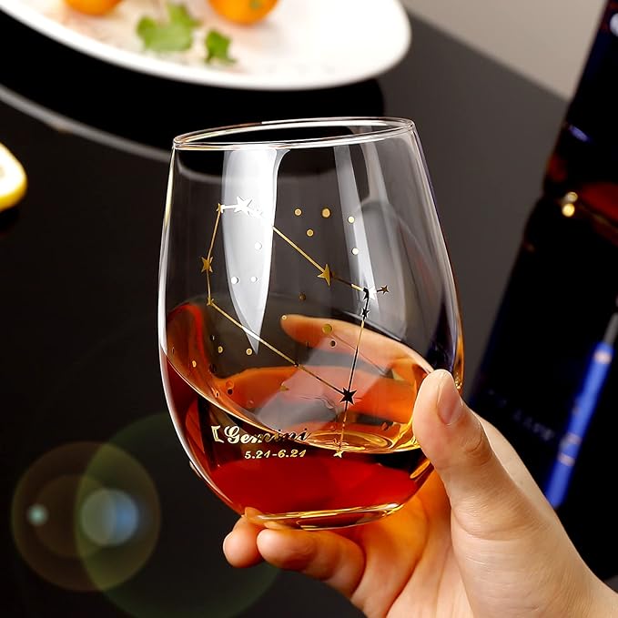 HOHY Gemini Stemless Wine Glass - 20 Oz, Constellation Design, Astrology Zodiac Gift for June Birthday Women