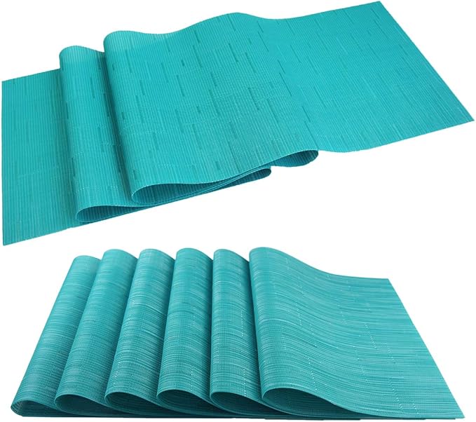 PIGCHCY Elegant Placemats and Table Runner, Durable Cleaning Set (6 Placemats + 1 Table Runner, Turquoise)