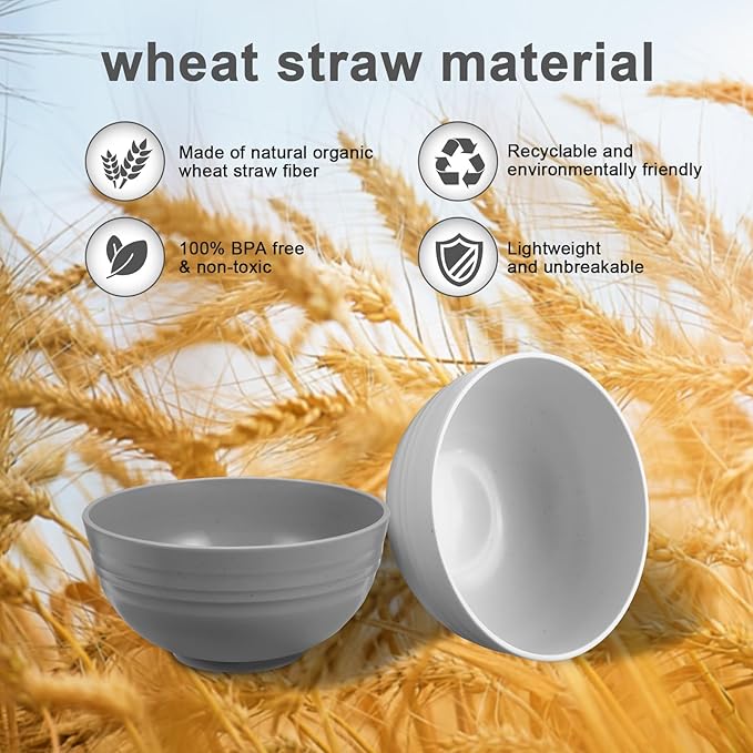 12 Pcs Unbreakable Cereal Bowls Set, 26 Oz Wheat Straw Bowls Set, Microwave & Dishwasher Safe Bowls for Kitchen, Reusable Plastic Bowls for Soup, Salad and Snack, BPA Free, Light Gray