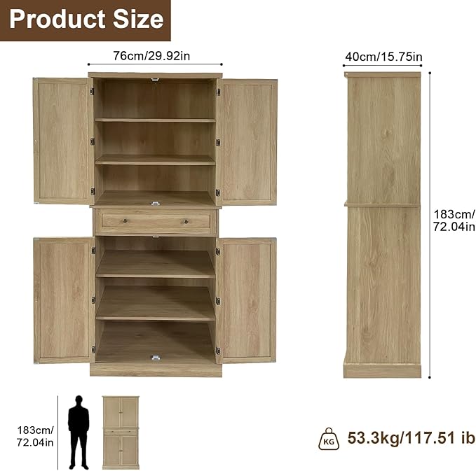 Garvee Pantry Cabinet, 72" Kitchen Pantry Storage Cabinet, Modern Farmhouse Kitchen Cupboard with Large Drawer, 2 Cabinets, 4 Adjustable Shelves, Freestanding Rattan Hutch for Dining Room Living Room