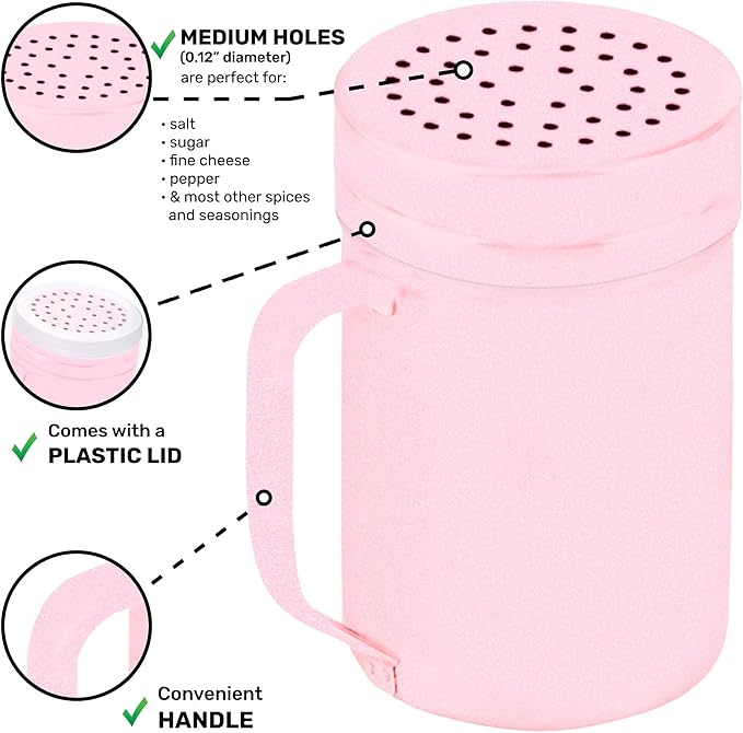 CUSINIUM 14oz Pink Stainless Steel Salt Pepper Dredge Shakers - With Plastic Cap - With Handle - Pack of 2