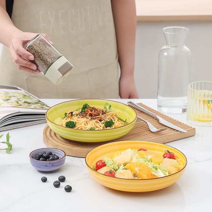 KitchenTour Pasta Bowls, Ceramic Salad Bowls Serving Bowl Set 26 oz, 8 Inch Colorful Porcelain Wide and Shallow Bowls Set - Dishwasher and Microwave Safe - Set of 6